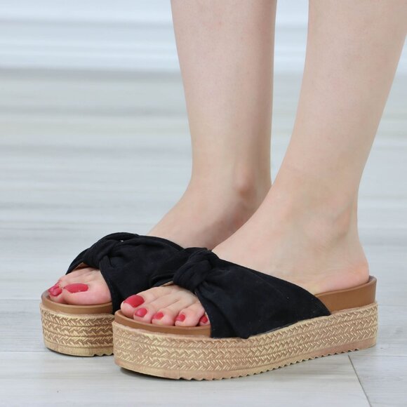 Suede Black Bow Comfort Platform Sandal Slip On Sliders - Picture 6 of 12